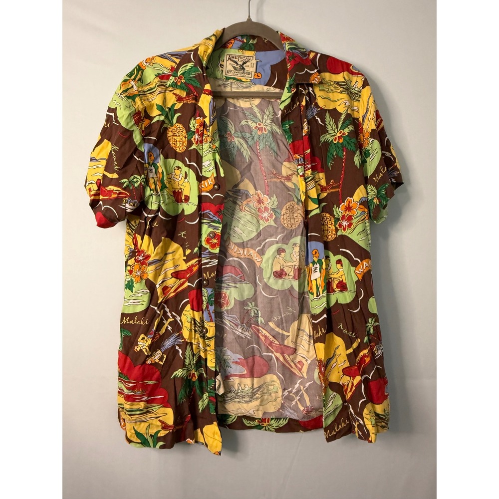 American Living Aloha Hawaiian Shirt Brown Tropical Print‎ Short Sleeve SMALL